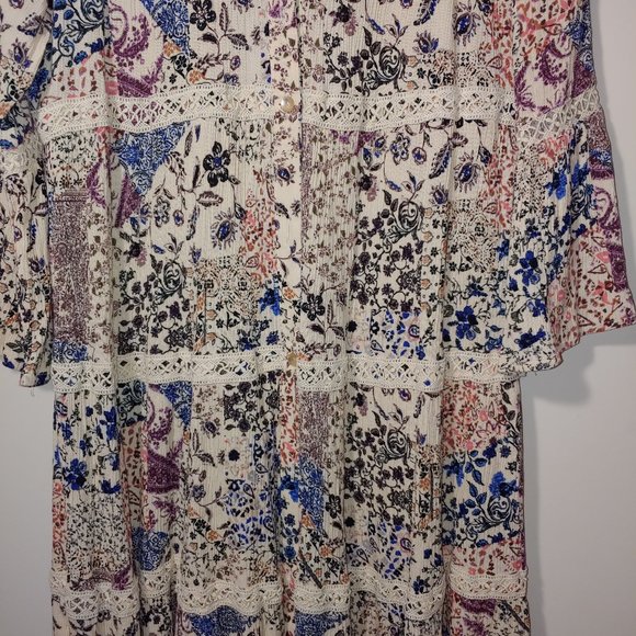 Knos Rose Tiered Floral Crochet Lace Trim Button Down Bell Sleeve Dress Size S - Picture 4 of 7